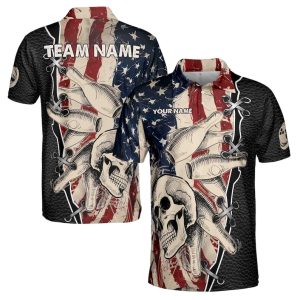 Customize Name Team Name Retro Skul American Flag Bowling Men's Polo Shirt