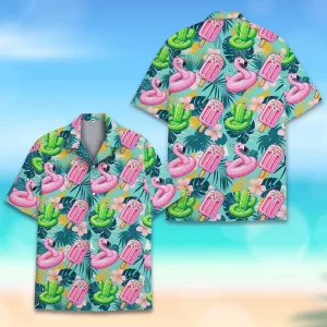 Tropical Flamingo With Cactus Hawaiian Button Down Shirt Unisex