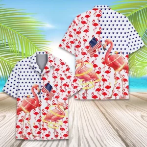 Patriotic Flamingo 4th of July Hawaiian Button Down Shirt Unisex