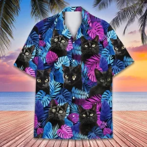 Tropical Black Cat Hawaiian Shirts for Men Women, Aloha Summer Beach Cat Shirt