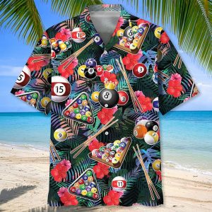 Billiard Themed Hawaiian Shirt for Men – Tropical Pool Balls and Cues Aloha Shirt