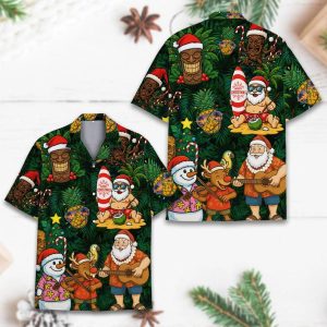 Santa Tiki Christmas In July Hawaiian Shirt Men Women Youth, Tropical Holiday Shirt with Reindeer and Snowman