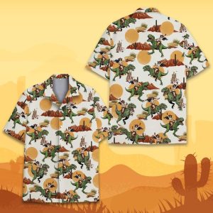 Funny Cowgirl Riding Dinosaur Hawaiian Shirt for Men Women Youth, Western Rodeo T-Rex Button Down Shirt