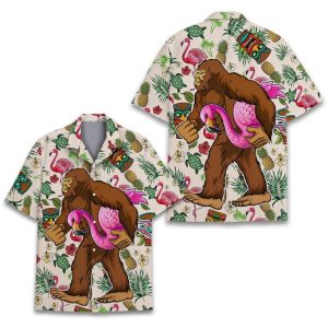 Tropical Bigfoot Flamingo Hawaiian Shirt Men Women Youth, Bigfoot Sasquatch Tiki Shirt
