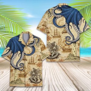 Mermaid and octopus Vintage Nautical Hawaiian Shirt, Sea Map Octopus Pirate Shirt for Men Women