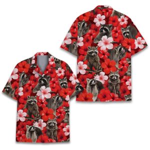 Tropical Raccoon Hawaiian Shirt for Men Women Youth, Hibiscus Raccoon Print