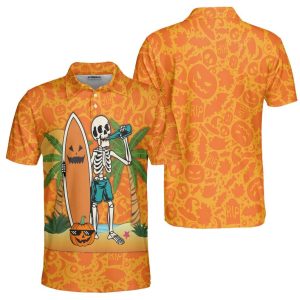 Halloween Polo Shirt, Skeleton Surfing Pumpkin Print