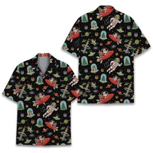 Christmas Astronaut Alien Hawaiian Shirt, Funny Space Santa UFO Holiday Shirt